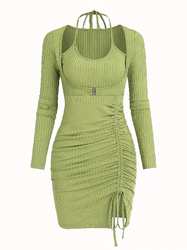Weekend Savings Extravaganza Sixsr Solid Halter Neck Dress, Sexy Long Sleeve Drawstring Dress, Women's Clothing Weekend Savings Extravaganza Sixsr Solid Halter Neck Dress, Sexy Long Sleeve Drawstring Dress, Women's Clothing
