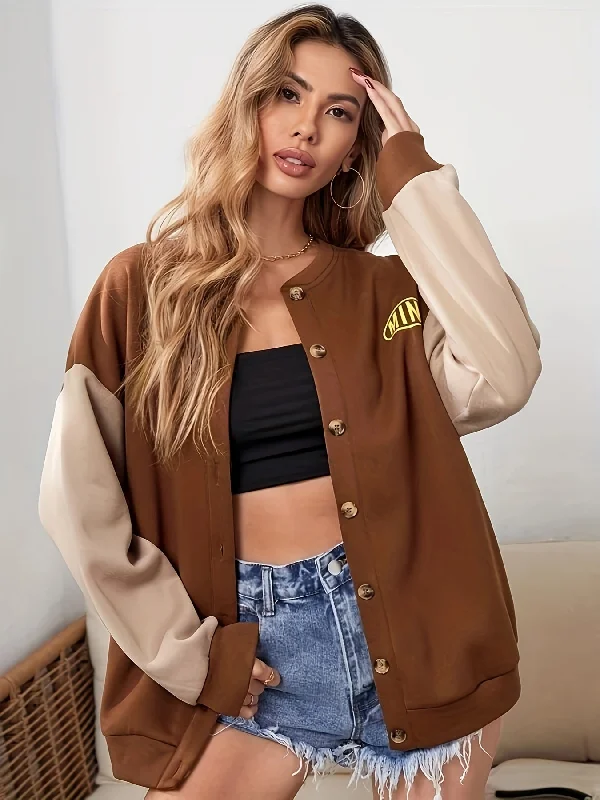 Best Choice Sixsr Letter Pattern Button Front Jacket, Casual Long Sleeve Color Block Jacket For Fall & Winter, Women's Clothing Best Choice Sixsr Letter Pattern Button Front Jacket, Casual Long Sleeve Color Block Jacket For Fall & Winter, Women's Clothing
