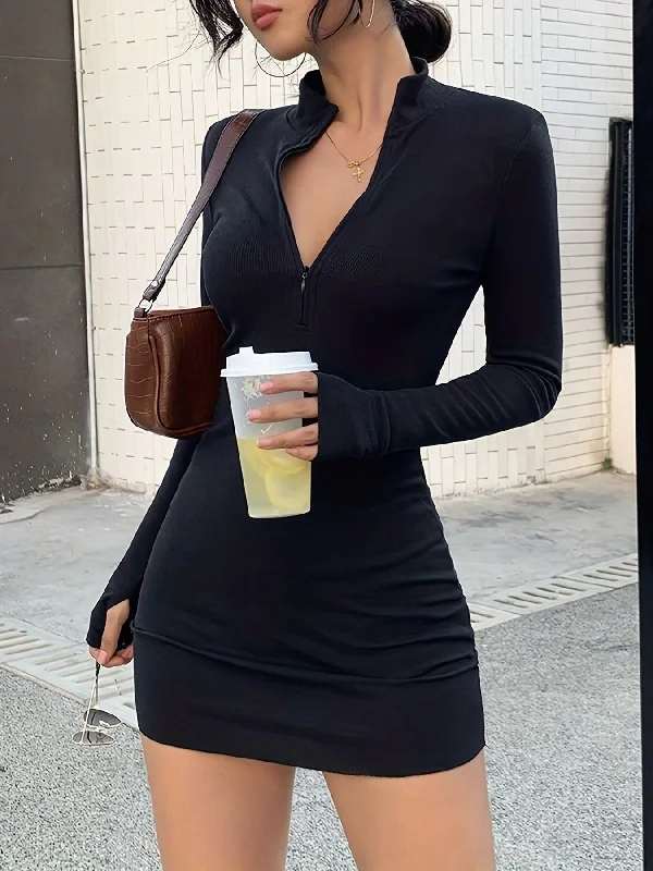 Quick Deals Sixsr Zipper Solid Bodycon Dress, Casual Long Sleeve Mini Dress, Women's Clothing Quick Deals Sixsr Zipper Solid Bodycon Dress, Casual Long Sleeve Mini Dress, Women's Clothing