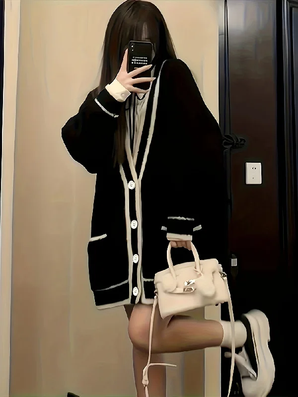 Weekend Bargains to Relish Sixsr Contrast Trim Botton Up Cardigan, Casual Long Sleeve Pocket Loose Sweater For Fall & Winter, Women's Clothing Weekend Bargains to Relish Sixsr Contrast Trim Botton Up Cardigan, Casual Long Sleeve Pocket Loose Sweater For Fall & Winter, Women's Clothing