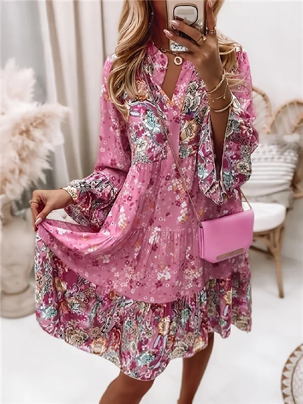 Flash Deal Sixsr Floral Print Ruffle Hem Dress, Boho Holiday Long Sleeve V-neck Dress, Women's Clothing Flash Deal Sixsr Floral Print Ruffle Hem Dress, Boho Holiday Long Sleeve V-neck Dress, Women's Clothing