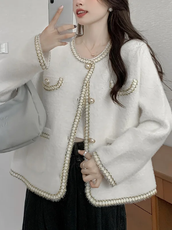 Half Price Sixsr Contrast Trim Button Down Knit Cardigan, Elegant Long Sleeve Cozy Sweater, Women's Clothing Half Price Sixsr Contrast Trim Button Down Knit Cardigan, Elegant Long Sleeve Cozy Sweater, Women's Clothing