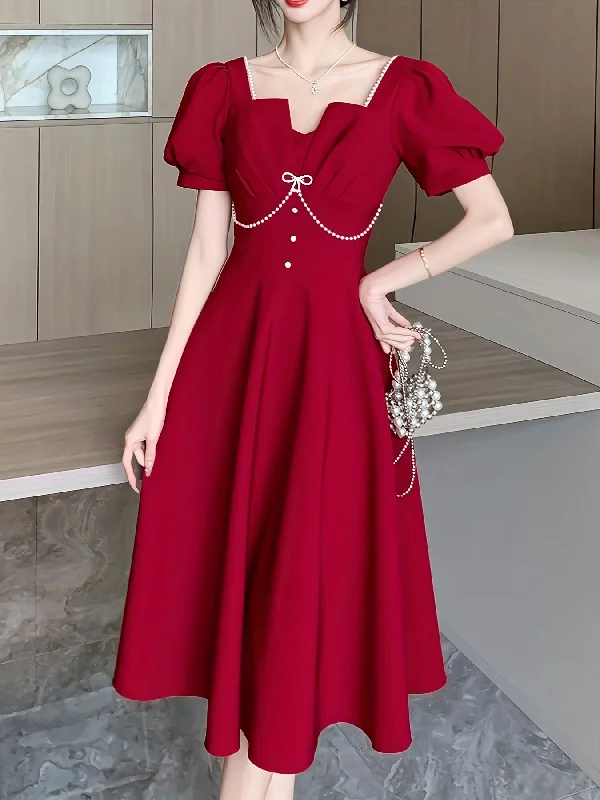 Final Offer Sixsr Tucked Puff Sleeve Solid Dress, Elegant High Waist Party Midi Dress, Women's Clothing Final Offer Sixsr Tucked Puff Sleeve Solid Dress, Elegant High Waist Party Midi Dress, Women's Clothing