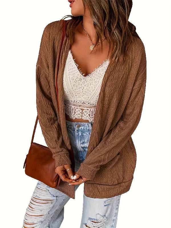 Weekend Discounts to Grab Sixsr Solid Open Front Knit Cardigan, Elegant Long Sleeve Pocket Loose Cardigan, Women's Clothing Weekend Discounts to Grab Sixsr Solid Open Front Knit Cardigan, Elegant Long Sleeve Pocket Loose Cardigan, Women's Clothing