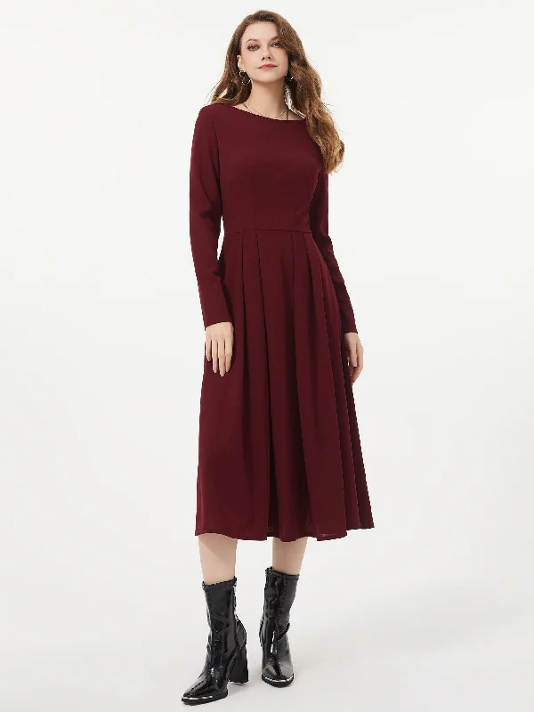 Weekend Bargains to Love Sixsr Solid Color Crew Neck Dress, Elegant Long Sleeve Pleated Dress, Women's Clothing Weekend Bargains to Love Sixsr Solid Color Crew Neck Dress, Elegant Long Sleeve Pleated Dress, Women's Clothing