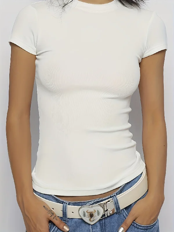Weekend Deals That Dazzle Sixsr Solid Color Crew Neck T-Shirt, Y2K Short Sleeve Slim T-Shirt For Spring & Summer, Women's Clothing Weekend Deals That Dazzle Sixsr Solid Color Crew Neck T-Shirt, Y2K Short Sleeve Slim T-Shirt For Spring & Summer, Women's Clothing