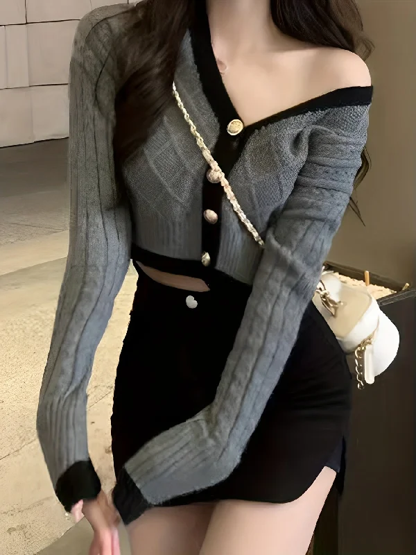 Weekend Specials to Celebrate Sixsr Elegant Contrast Trim Button Cardigan, Long Sleeve Cardigan For Spring & Fall, Women's Clothing
