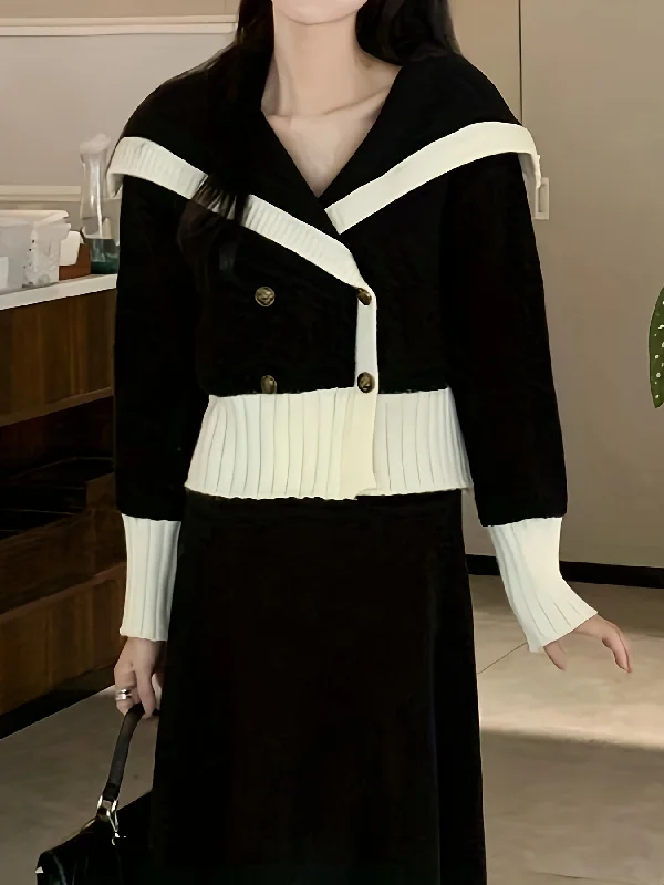 Weekend Specials to Snag Sixsr Color Block Double Breasted Knit Cardigan, Casual Collared Long Sleeve Thick Sweater, Women's Clothing Weekend Specials to Snag Sixsr Color Block Double Breasted Knit Cardigan, Casual Collared Long Sleeve Thick Sweater, Women's Clothing