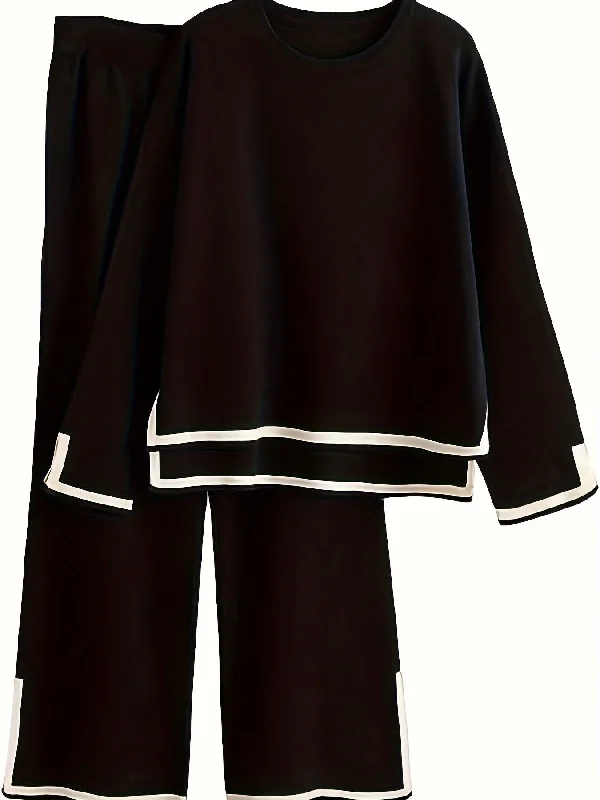 Weekend Bargains to Cherish Sixsr Contrast Trim Two-piece Set, Crew Neck Long Sleeve Top & Elastic Waist Pants Outfits, Women's Clothing Weekend Bargains to Cherish Sixsr Contrast Trim Two-piece Set, Crew Neck Long Sleeve Top & Elastic Waist Pants Outfits, Women's Clothing