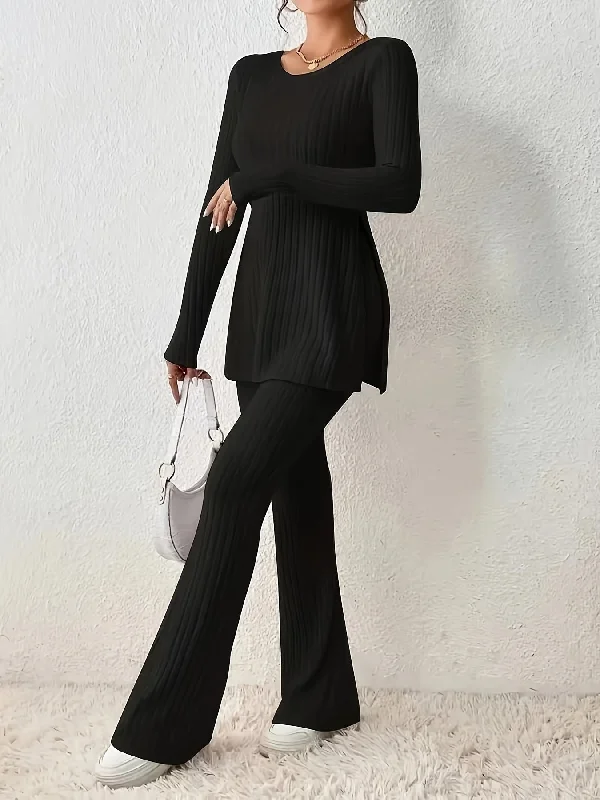 Low Price Sixsr Ribbed Solid Two-piece Set, Split Crew Neck Long Sleeve Tops & Flared Leg Pants Outfits, Women's Clothing Low Price Sixsr Ribbed Solid Two-piece Set, Split Crew Neck Long Sleeve Tops & Flared Leg Pants Outfits, Women's Clothing