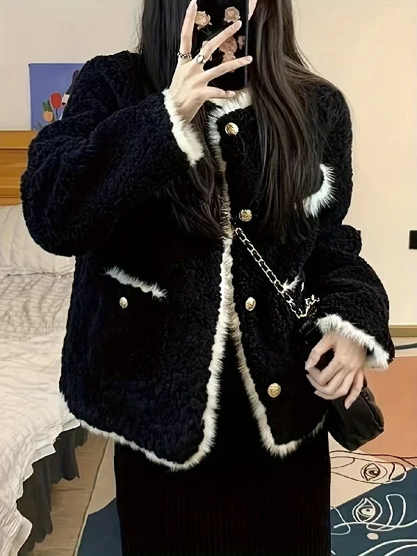 Weekend Specials Just for You Sixsr Fuzzy Trim Fall & Winter Jacket, Elegant Button Front Long Sleeve Outerwear, Women's Clothing Weekend Specials Just for You Sixsr Fuzzy Trim Fall & Winter Jacket, Elegant Button Front Long Sleeve Outerwear, Women's Clothing