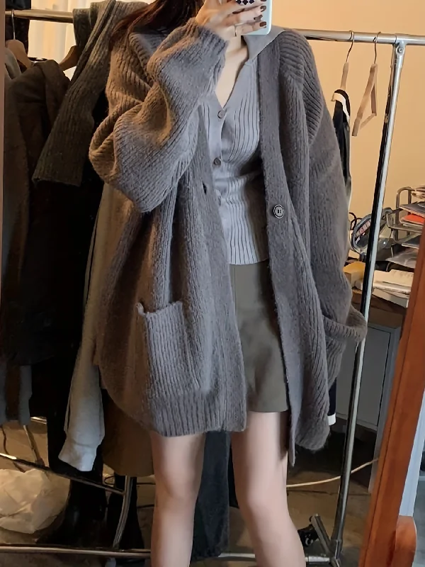 Weekend Deals to Make You Happy Sixsr Patched Pockets V-neck Cardigan, Elegant Long Sleeve Cardigan For Fall & Winter, Women's Clothing Weekend Deals to Make You Happy Sixsr Patched Pockets V-neck Cardigan, Elegant Long Sleeve Cardigan For Fall & Winter, Women's Clothing