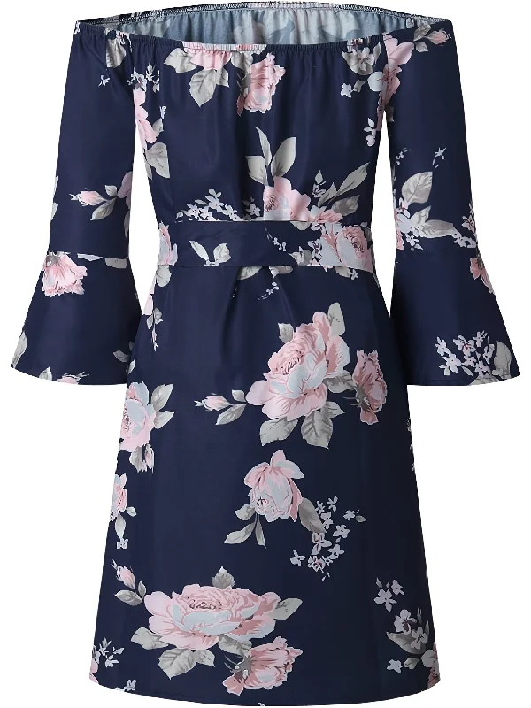 Clearance Sale Sixsr Vintage Floral Print Dress, Casual Off Shoulder Flared Sleeve Dress, Women's Clothing