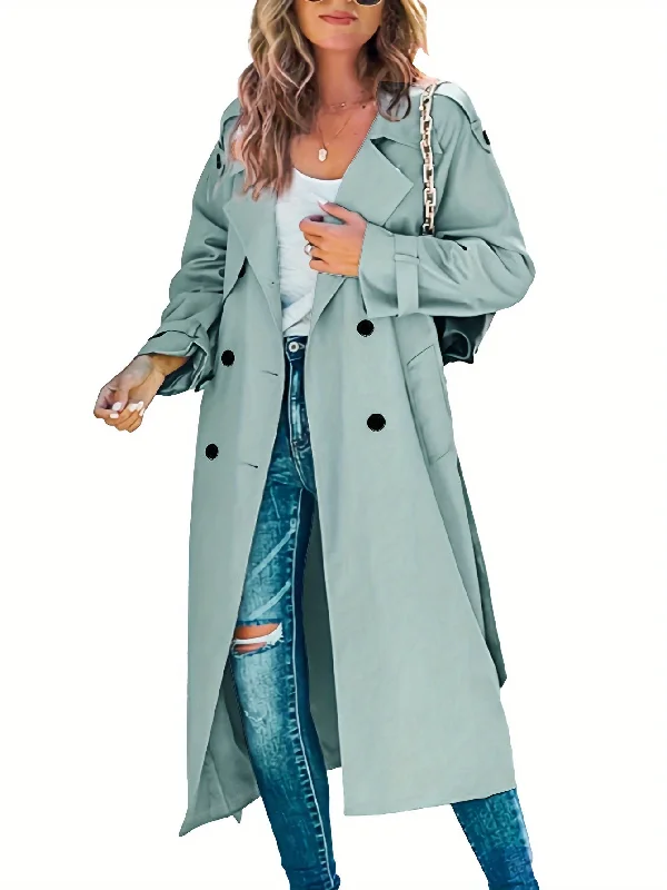 Hurry In Sixsr Double Breasted Solid Trench Coat, Casual Long Sleeve Mid Length Outerwear, Women's Clothing Hurry In Sixsr Double Breasted Solid Trench Coat, Casual Long Sleeve Mid Length Outerwear, Women's Clothing