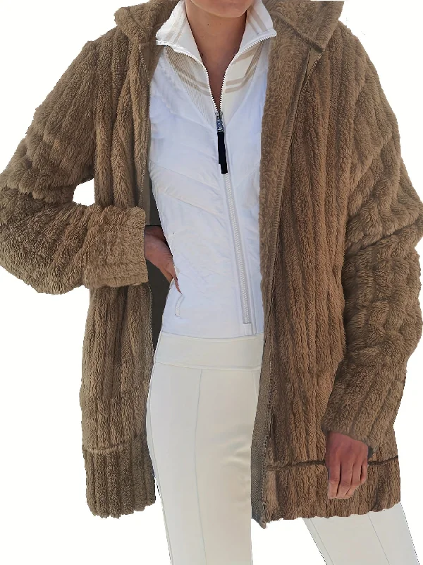 Exclusive Deal Sixsr Plus Size Casual Coat, Women's Plus Solid Ribbed Fuzzy Fleece Zip Up Long Sleeve Hooded Overcoat With Pockets Exclusive Deal Sixsr Plus Size Casual Coat, Women's Plus Solid Ribbed Fuzzy Fleece Zip Up Long Sleeve Hooded Overcoat With Pockets