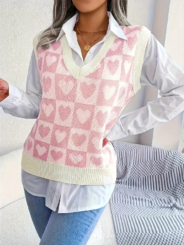 Act Now Sixsr Heart Print V Neck Vest, Elegant Sleeveless Sweater For Spring & Fall, Women's Clothing Act Now Sixsr Heart Print V Neck Vest, Elegant Sleeveless Sweater For Spring & Fall, Women's Clothing