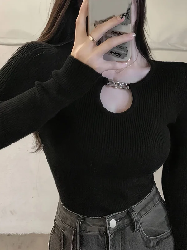 Weekend Deal Sixsr Solid Chain Cut Out Knitted Top, Casual Long Sleeve Slim Inner Wear Sweater, Women's Clothing Weekend Deal Sixsr Solid Chain Cut Out Knitted Top, Casual Long Sleeve Slim Inner Wear Sweater, Women's Clothing