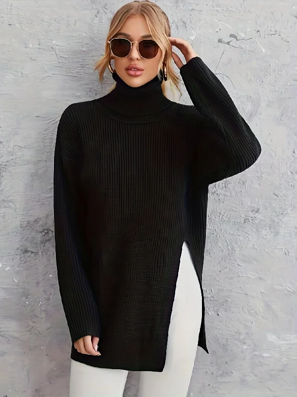 Weekend Bargains Await You Sixsr Solid Turtle Neck Pullover Sweater, Casual Long Sleeve Split Knit Sweater, Women's Clothing Weekend Bargains Await You Sixsr Solid Turtle Neck Pullover Sweater, Casual Long Sleeve Split Knit Sweater, Women's Clothing