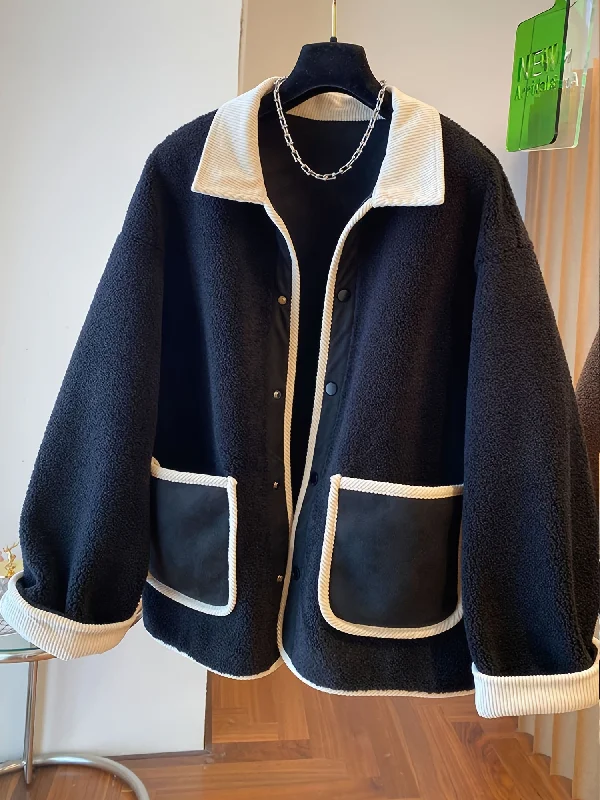 Weekend Savings Delight Sixsr Contrast Trim Patched Pockets Outwear, Versatile Long Sleeve Button Front Coat For Fall & Winter, Women's Clothing Weekend Savings Delight Sixsr Contrast Trim Patched Pockets Outwear, Versatile Long Sleeve Button Front Coat For Fall & Winter, Women's Clothing