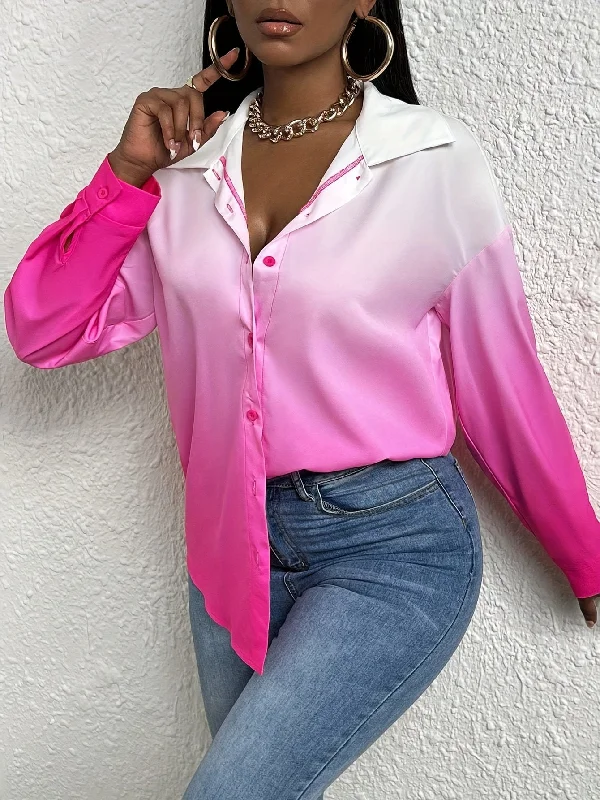 Super Sale Sixsr Ombre Print Button Front Shirt, Elegant Long Sleeve Shirt For Spring & Fall, Women's Clothing Super Sale Sixsr Ombre Print Button Front Shirt, Elegant Long Sleeve Shirt For Spring & Fall, Women's Clothing