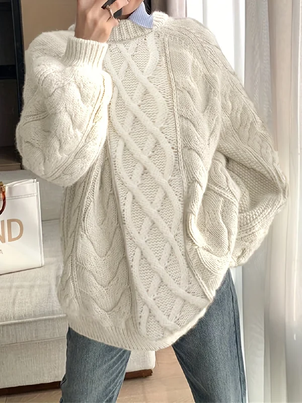 Midnight Sale Sixsr Solid Crew Neck Cable Knit Sweater, Casual Long Sleeve Oversized Sweater, Women's Clothing Midnight Sale Sixsr Solid Crew Neck Cable Knit Sweater, Casual Long Sleeve Oversized Sweater, Women's Clothing