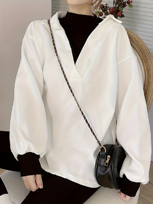 Great Bargain Sixsr Color Block Notch Neck Pullover Top, Stylish Lantern Sleeve Lapel Top For Fall & Winter, Women's Clothing Great Bargain Sixsr Color Block Notch Neck Pullover Top, Stylish Lantern Sleeve Lapel Top For Fall & Winter, Women's Clothing