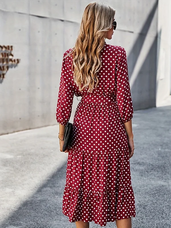 Weekend Savings Sensation Sixsr Polka Dot Print 3/4 Sleeve Dress, Elegant Wrap Neck Midi Dress, Women's Clothing Weekend Savings Sensation Sixsr Polka Dot Print 3/4 Sleeve Dress, Elegant Wrap Neck Midi Dress, Women's Clothing
