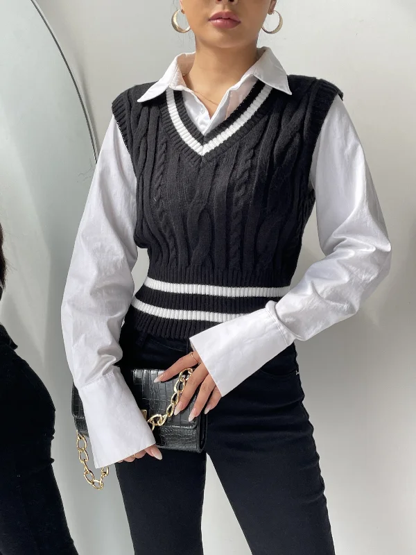 Crazy Savings Sixsr Striped V Neck Cable Knit Vest, Casual Sleeveless Sweater For Spring & Fall, Women's Clothing Crazy Savings Sixsr Striped V Neck Cable Knit Vest, Casual Sleeveless Sweater For Spring & Fall, Women's Clothing