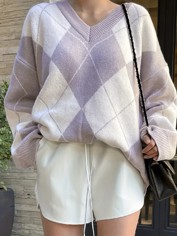 Sale Alert Sixsr Diamond Lattice Pattern Knitted Pullover Top, Casual V Neck Long Sleeve Sweater For Fall & Winter, Women's Clothing Sale Alert Sixsr Diamond Lattice Pattern Knitted Pullover Top, Casual V Neck Long Sleeve Sweater For Fall & Winter, Women's Clothing