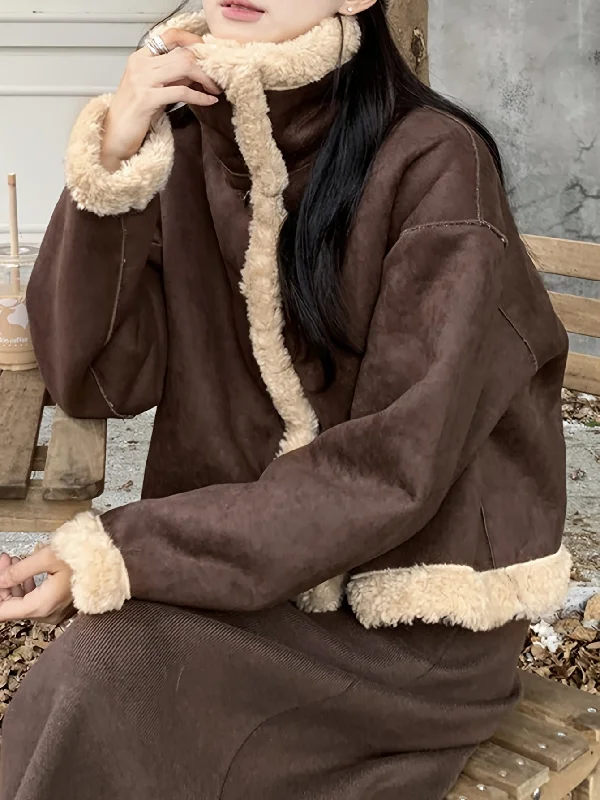 Markdown Sale Sixsr Fuzzy Trim Stand Collar Coat, Casual Button Front Long Sleeve Warm Outerwear, Women's Clothing Markdown Sale Sixsr Fuzzy Trim Stand Collar Coat, Casual Button Front Long Sleeve Warm Outerwear, Women's Clothing