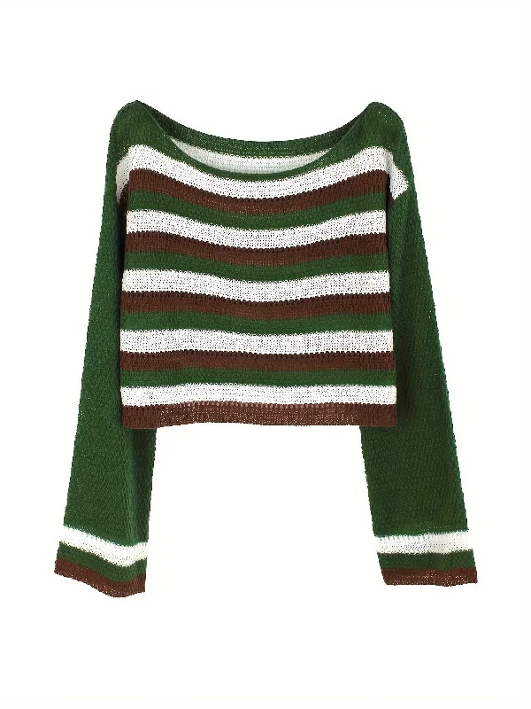 Don't Delay Sixsr Striped Hollow Out Knitted Coverup, Casual Long Sleeve Beach Crop Top For Spring & Summer, Women's Clothing Don't Delay Sixsr Striped Hollow Out Knitted Coverup, Casual Long Sleeve Beach Crop Top For Spring & Summer, Women's Clothing