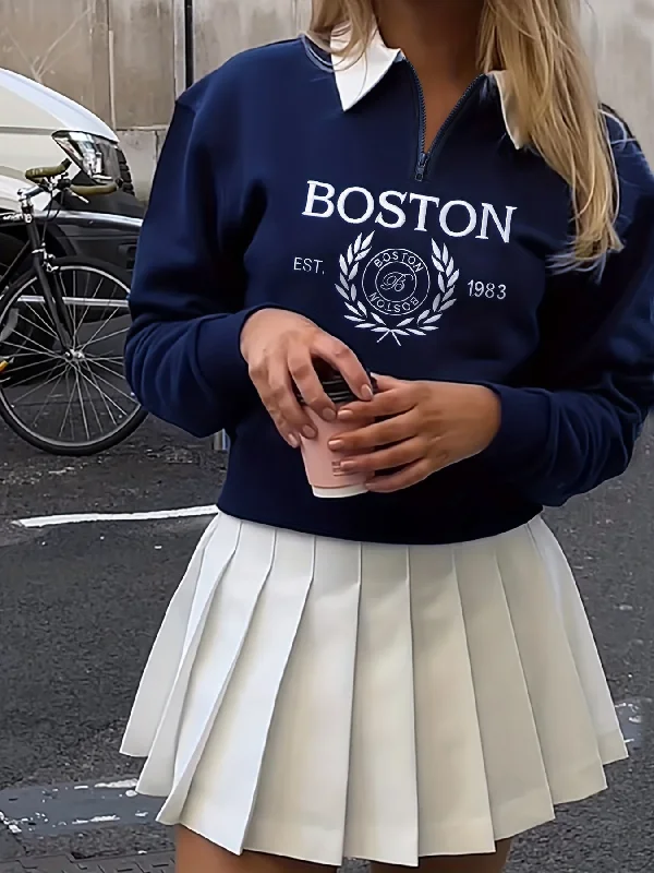 Deal Alert Sixsr Boston Print Zip Sweatshirt, Casual Long Sleeve Polo Collar Sweatshirt, Women's Clothing Deal Alert Sixsr Boston Print Zip Sweatshirt, Casual Long Sleeve Polo Collar Sweatshirt, Women's Clothing