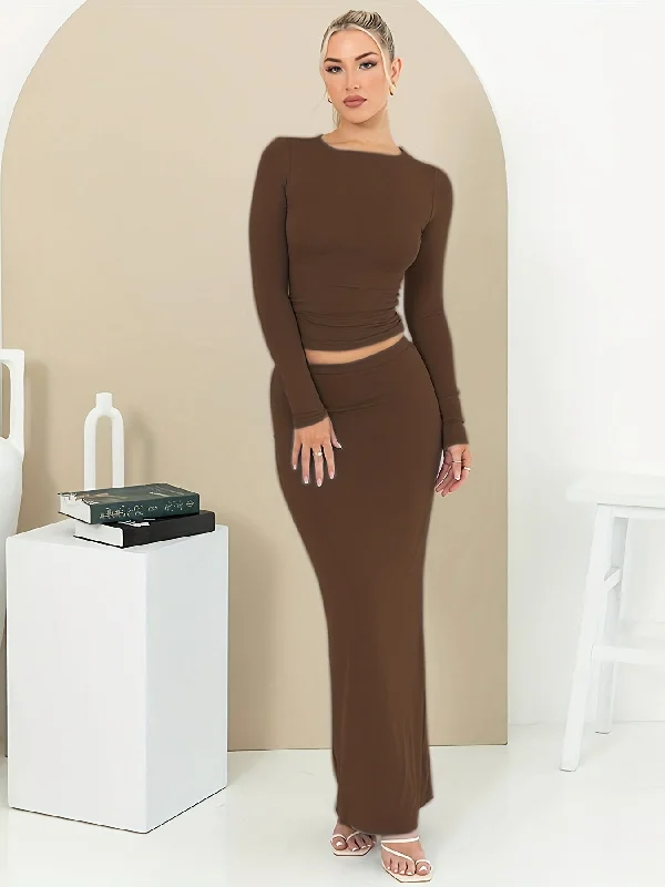 Online Exclusive Sixsr Casual Solid Two-piece Set, Crew Neck Long Sleeve Top & Slim Maxi Skirts Outfits, Women's Clothing Online Exclusive Sixsr Casual Solid Two-piece Set, Crew Neck Long Sleeve Top & Slim Maxi Skirts Outfits, Women's Clothing