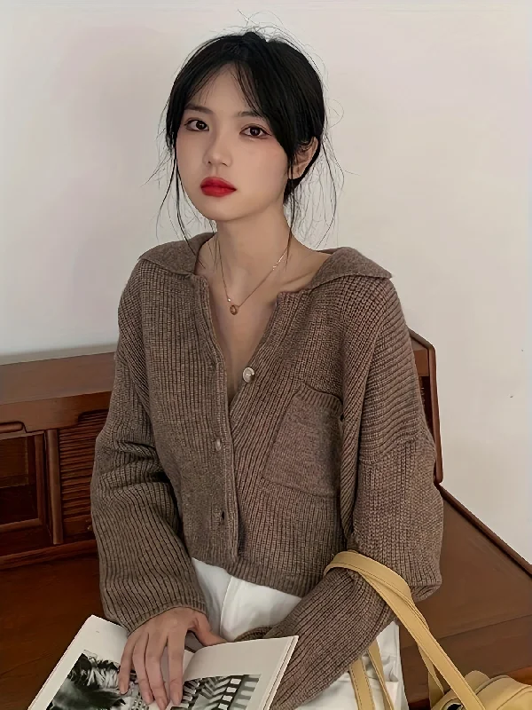Instant Savings Sixsr Solid Turndown Collar Knit Cardigan, Vintage Button Front Long Sleeve Crop Sweater, Women's Clothing Instant Savings Sixsr Solid Turndown Collar Knit Cardigan, Vintage Button Front Long Sleeve Crop Sweater, Women's Clothing