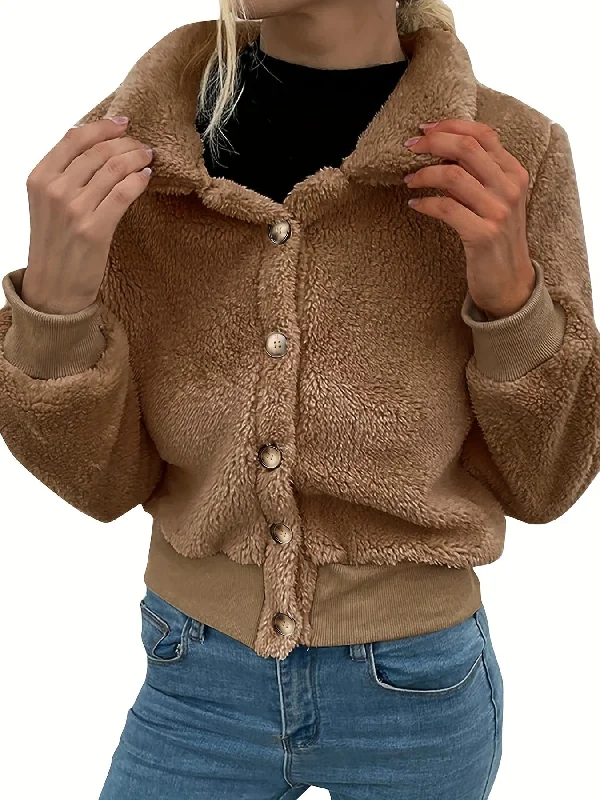 Midnight Madness Sixsr Solid Button Front Plush Jacket Coat, Casual Long Sleeve Warm Coat, Women's Clothing Midnight Madness Sixsr Solid Button Front Plush Jacket Coat, Casual Long Sleeve Warm Coat, Women's Clothing