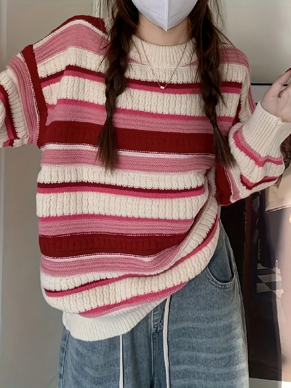 Weekend Sale: Don't Miss Out Sixsr Striped Crew Neck Pullover Sweater, Casual Long Sleeve Loose Warm Winter Sweater, Women's Clothing Weekend Sale: Don't Miss Out Sixsr Striped Crew Neck Pullover Sweater, Casual Long Sleeve Loose Warm Winter Sweater, Women's Clothing