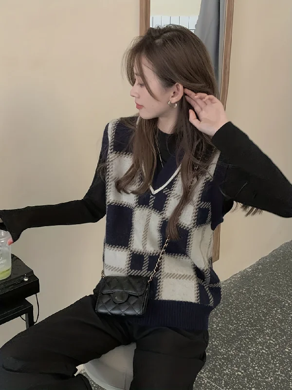 Weekend Offers That Sizzle Sixsr Plaid V Neck Sweater Vest, Vintage Sleeveless Vest For Spring & Fall, Women's Clothing Weekend Offers That Sizzle Sixsr Plaid V Neck Sweater Vest, Vintage Sleeveless Vest For Spring & Fall, Women's Clothing