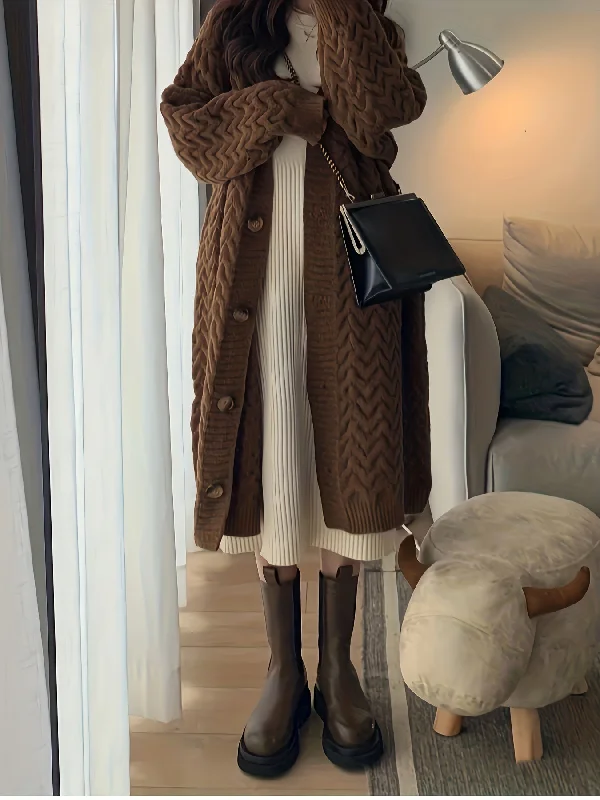Weekend Bargains Await You Sixsr Solid Button Down Cable Knit Cardigan, Casual Long Sleeve Mid Length Sweater Coat, Women's Clothing Weekend Bargains Await You Sixsr Solid Button Down Cable Knit Cardigan, Casual Long Sleeve Mid Length Sweater Coat, Women's Clothing