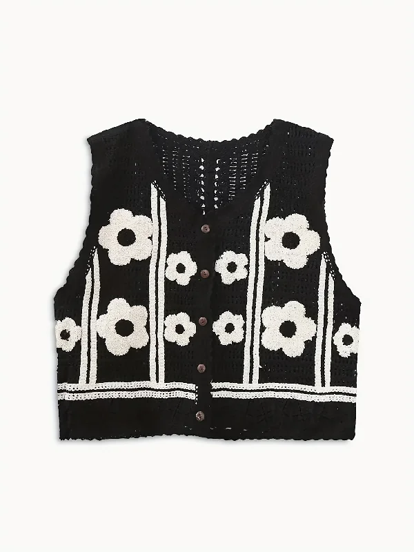 Clearance Sale Sixsr Floral Pattern Button Crop Sweater Vest, Casual Sleeveless Hollow Sweater For Spring & Fall, Women's Clothing Clearance Sale Sixsr Floral Pattern Button Crop Sweater Vest, Casual Sleeveless Hollow Sweater For Spring & Fall, Women's Clothing
