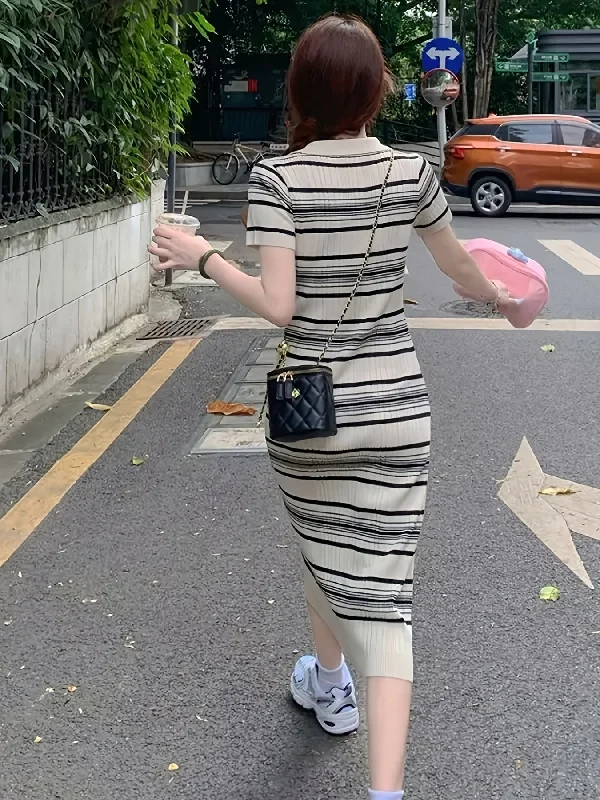 Instant Deal Sixsr Striped Print Collar Dress, Casual Short Sleeve Bodycon Summer Dress, Women's Clothing Instant Deal Sixsr Striped Print Collar Dress, Casual Short Sleeve Bodycon Summer Dress, Women's Clothing