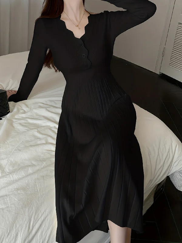 Weekend Steals Await Sixsr Button Front V-neck Sweater Dress, Solid Long Sleeve Dress, Women's Clothing Weekend Steals Await Sixsr Button Front V-neck Sweater Dress, Solid Long Sleeve Dress, Women's Clothing