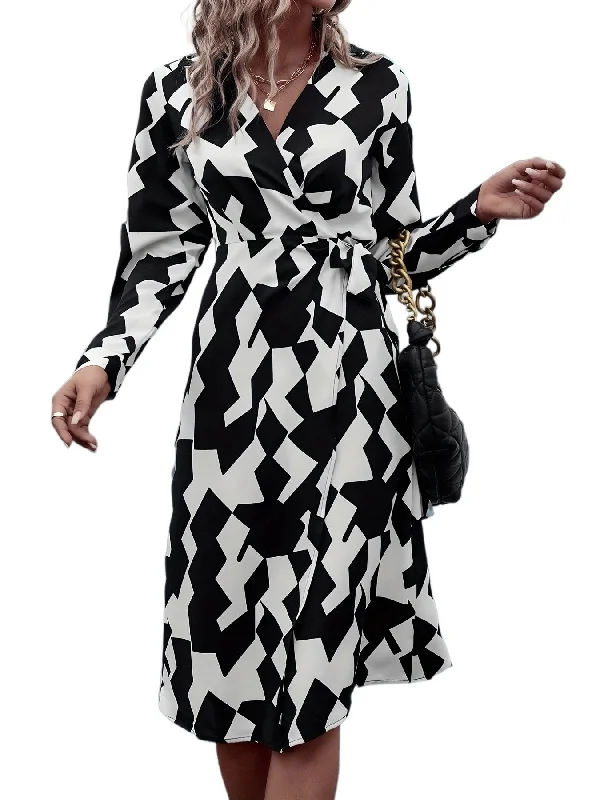 Weekend Deals to Brighten Your Day Sixsr Geo Print Wrap V Neck Dress, Elegant Long Sleeve Dress For Spring & Fall, Women's Clothing Weekend Deals to Brighten Your Day Sixsr Geo Print Wrap V Neck Dress, Elegant Long Sleeve Dress For Spring & Fall, Women's Clothing