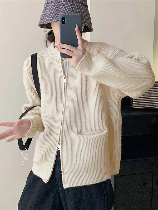 Sale Event Sixsr Solid Zip Up Knit Cardigan, Casual Long Sleeve Pocket Thick Sweater, Women's Clothing Sale Event Sixsr Solid Zip Up Knit Cardigan, Casual Long Sleeve Pocket Thick Sweater, Women's Clothing