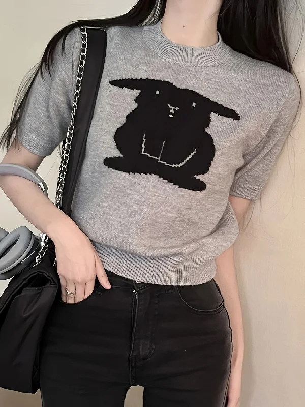 Pay Less Sixsr Graphic Pattern Crew Neck Knitted Top, Casual Short Sleeve Sweater For Spring & Summer, Women's Clothing Pay Less Sixsr Graphic Pattern Crew Neck Knitted Top, Casual Short Sleeve Sweater For Spring & Summer, Women's Clothing