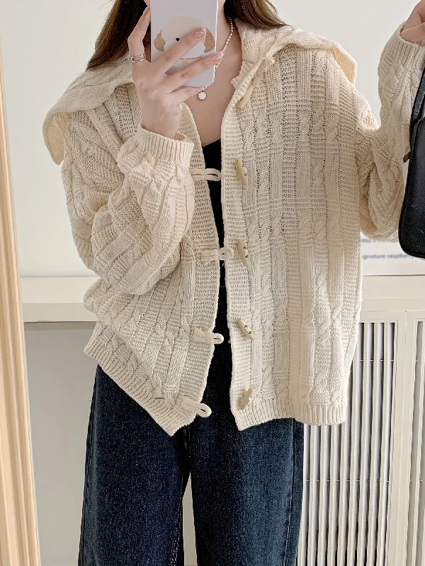 Top Pick Sixsr Horn Buckle Cable Knit Cardigan, Elegant Hooded Long Sleeve Loose Sweater Coat, Women's Clothing