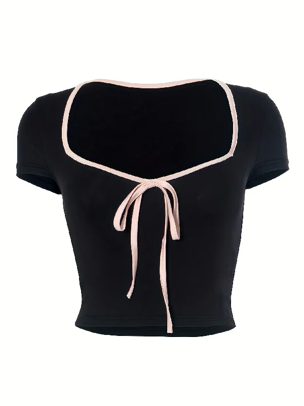 Your Weekend, Your Savings Sixsr Bow Tie Slim T-shirt, Sexy Short Sleeve Cropped T-shirt, Women's Clothing
