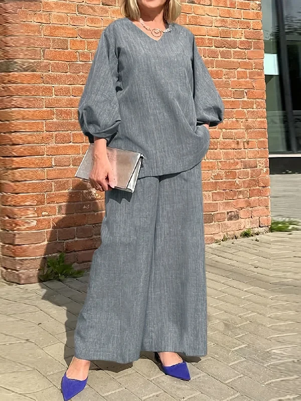 Time-Sensitive Sixsr Solid Casual Two-piece Set, V Neck Lantern Sleeve Tops & Wide Leg Pants Outfits, Women's Clothing Time-Sensitive Sixsr Solid Casual Two-piece Set, V Neck Lantern Sleeve Tops & Wide Leg Pants Outfits, Women's Clothing