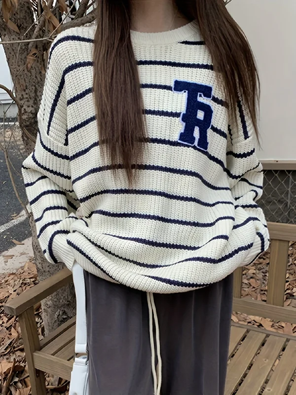 Weekend Deals That Impress Sixsr Letter Patched Striped Sweater, Casual Crew Neck Long Sleeve Sweater For Fall & Winter, Women's Clothing