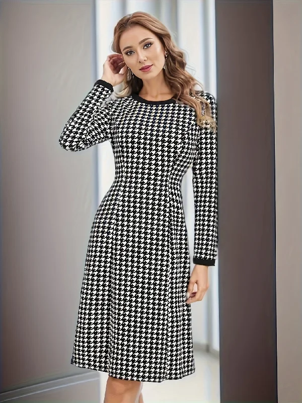 Weekend Offers That Amaze Sixsr Houndstooth Pattern Contrast Trim Dress, Elegant Long Sleeve Crew Neck Dress, Women's Clothing Weekend Offers That Amaze Sixsr Houndstooth Pattern Contrast Trim Dress, Elegant Long Sleeve Crew Neck Dress, Women's Clothing