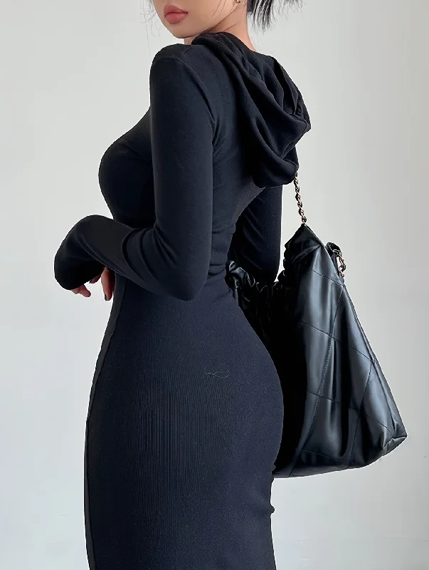 Super Bargain Sixsr Drawstring Hooded Dress, Casual Long Sleeve Bodycon Dress, Women's Clothing Super Bargain Sixsr Drawstring Hooded Dress, Casual Long Sleeve Bodycon Dress, Women's Clothing